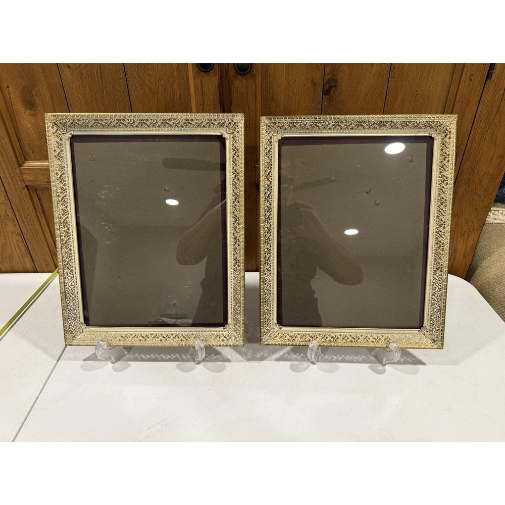 VTG Set MCM Metal Frames Gold/White Ornate Filigree Hollywood Regency 13"x10.5"